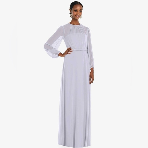 NWT Dessy Strapless Puff Sleeve Blouson Maxi Silver Dove Dress Size 14 - Picture 1 of 12
